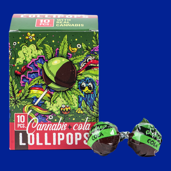 Euphoria Cannabis kólaízű nyalóka dobozban 10 db * 12 g